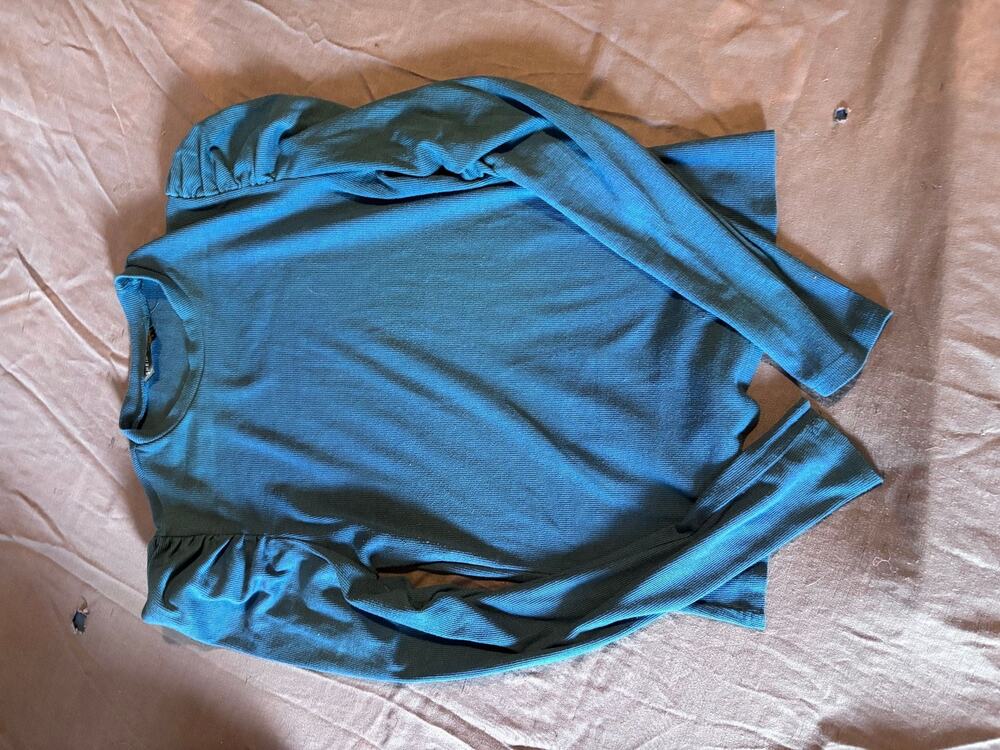 Shein Knit Top Womens Puff Sleeve Ribbed Long Sleeve Pullover Teal Crewneck